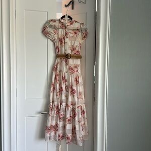 Zimmermann rose print midi dress with raffia buttons and belt